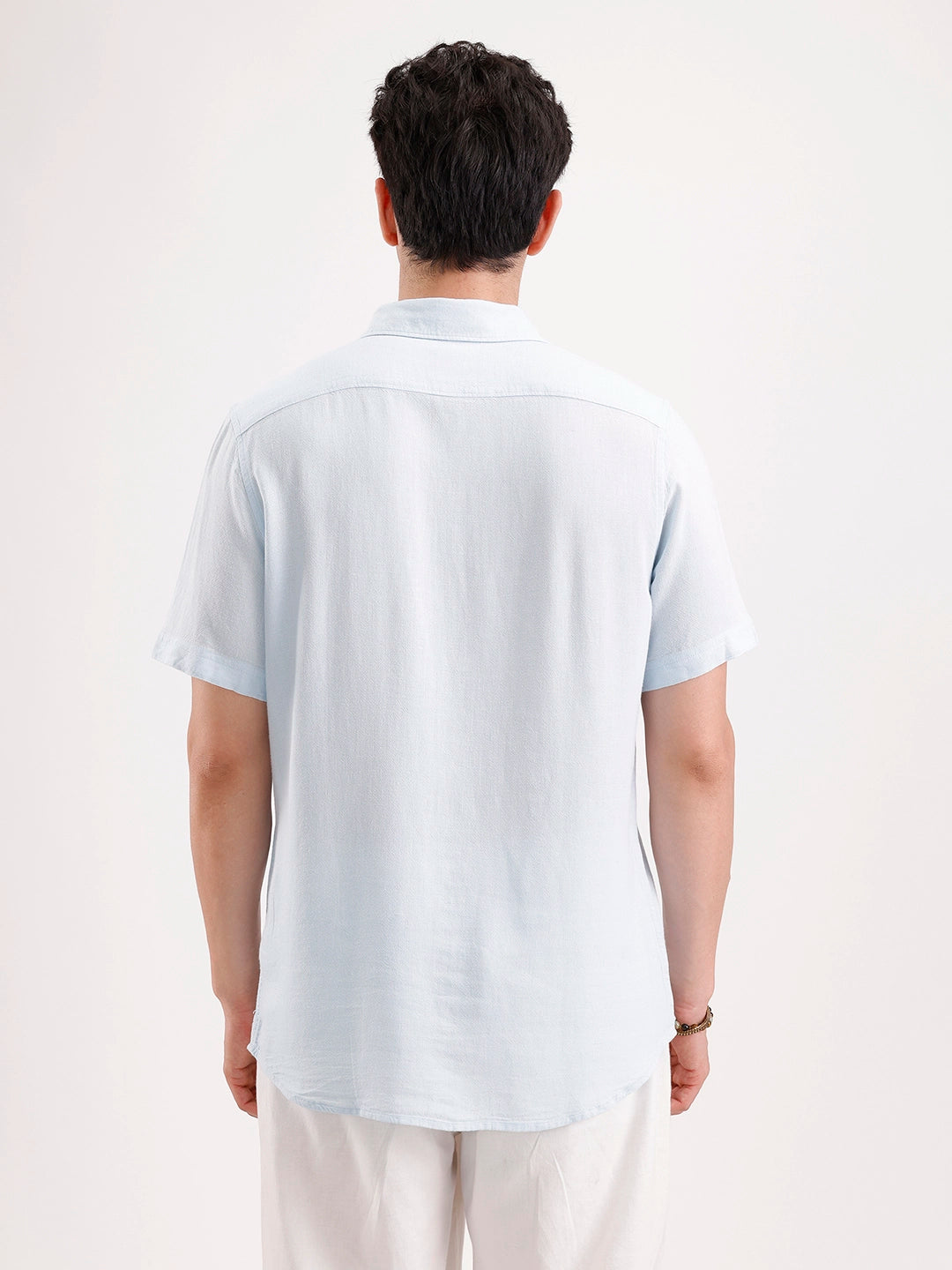 Slim Fit Half Sleeve Linen Blend Shirt  | Light Blue