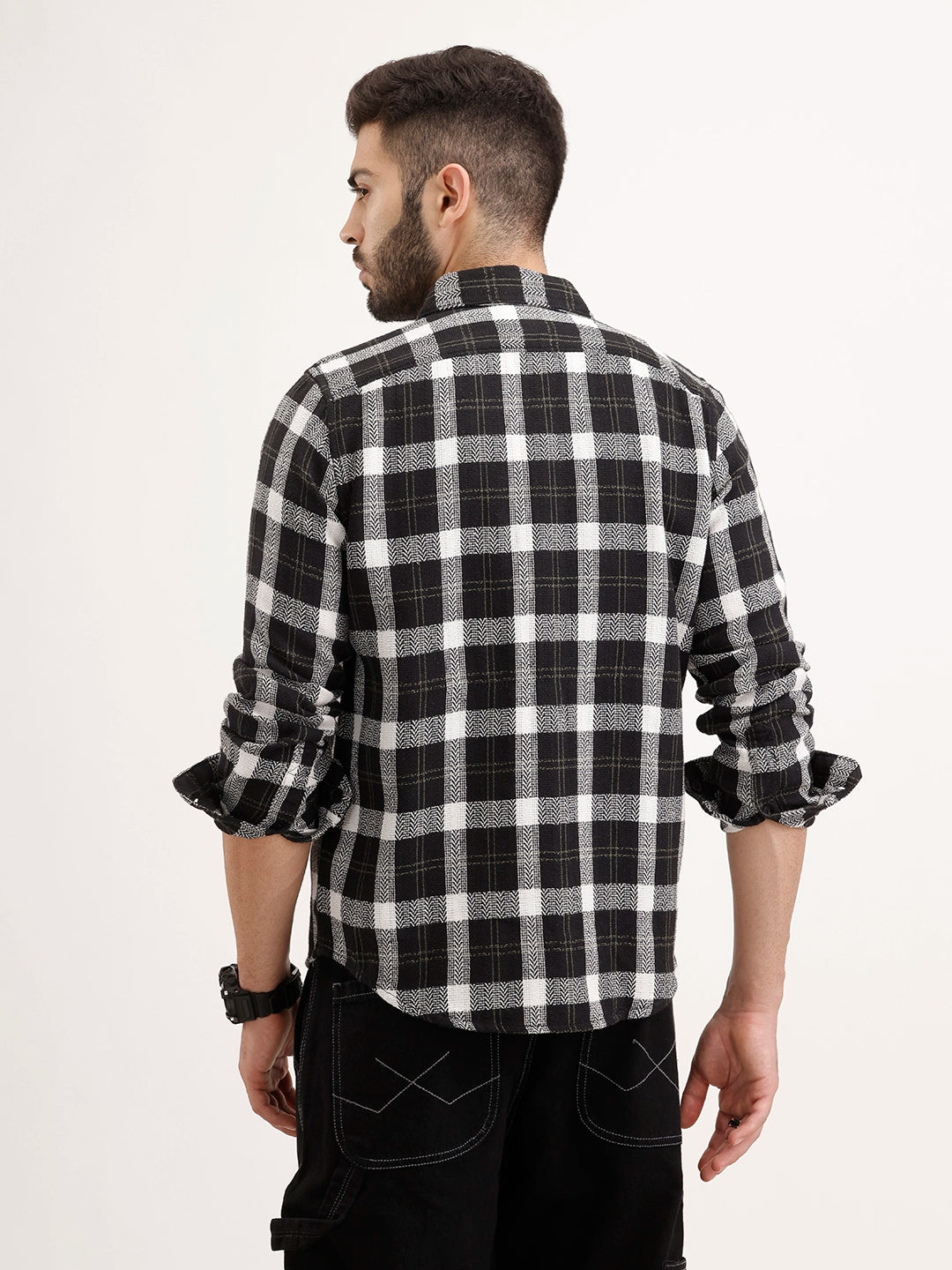 Regular Fit Herringbone Checkered Shirt | Black