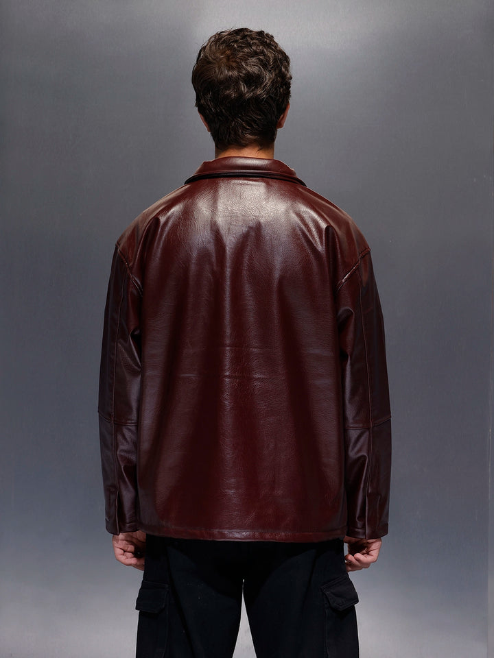 Men's Relaxed Fit Collared Fit PU Jacket  |  Wine