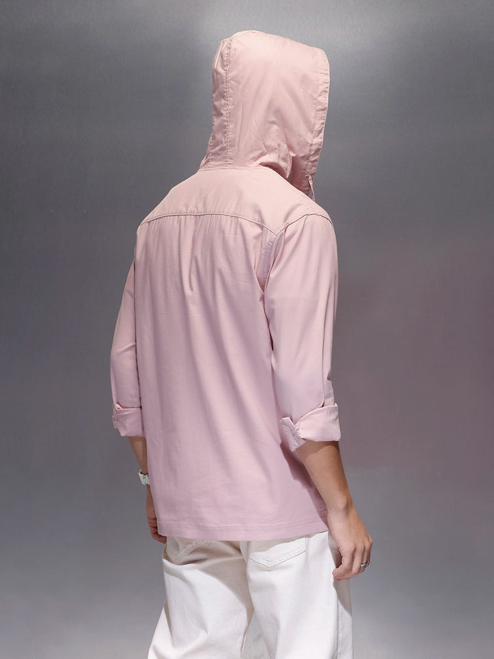 Men's Regular Fit Half Placket Hooded Shirt  |  Pink