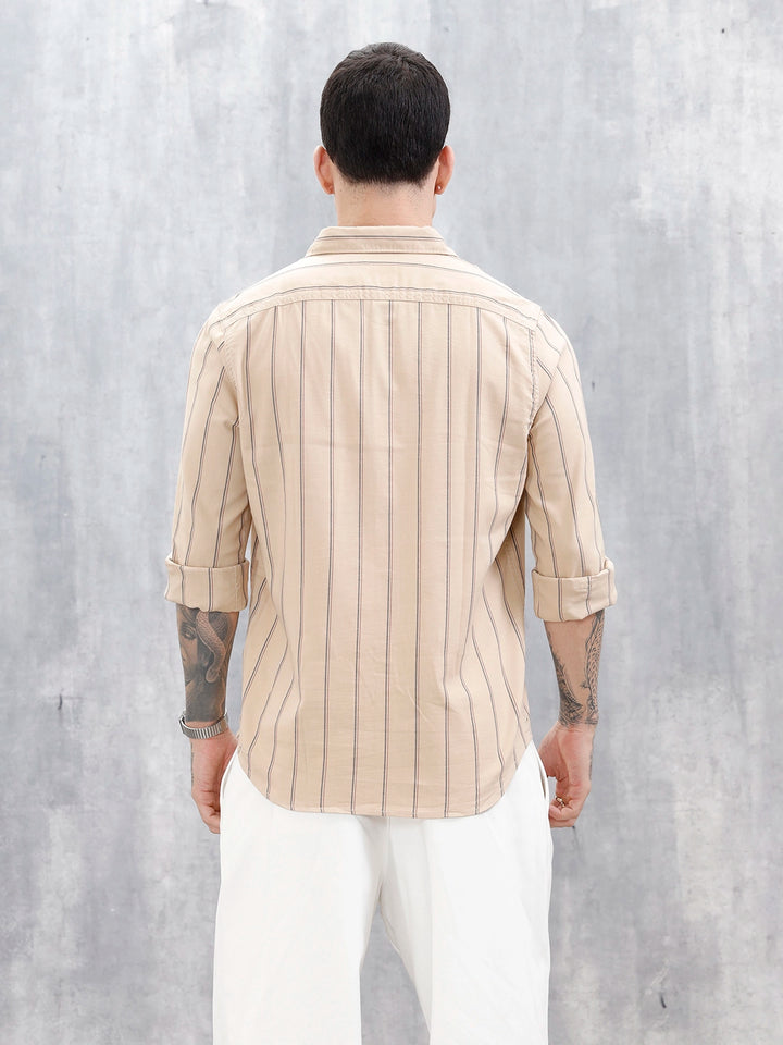 Wrogn Men’S Regular Fit Striped Shirt | Khaki