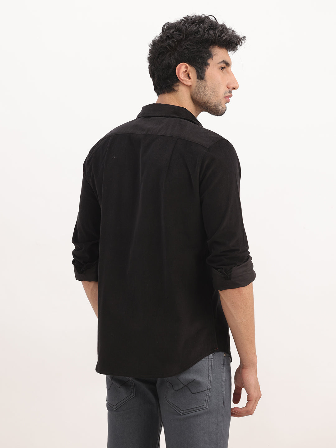 Slim Fit Solid Corduroy Shirt | Black