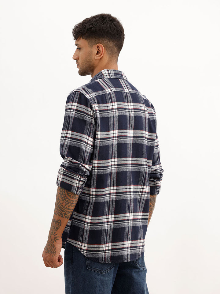 Slim Fit Checkered Full Sleeve Shirt | Navy Blue