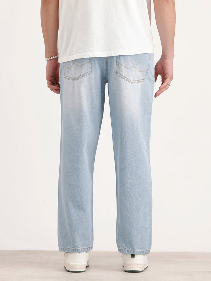 Loose Fit Placement Printed Denim Jeans | Light Blue