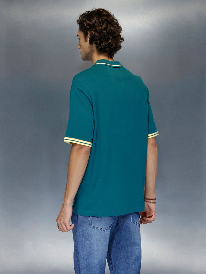 Men’s Retro Script print Zip Polo | Dark Teal
