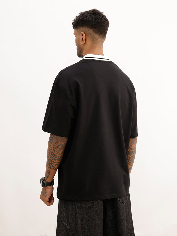Oversized Placement Printed Polo T-Shirt | Black