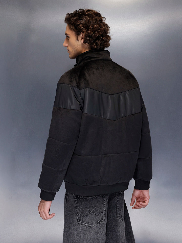 Men’s textured corduroy puffer with contrast panels | Black