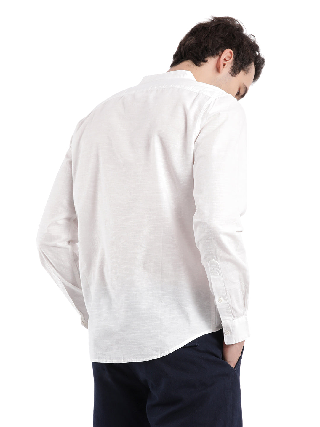 White Slub Mandarin Collar Shirt