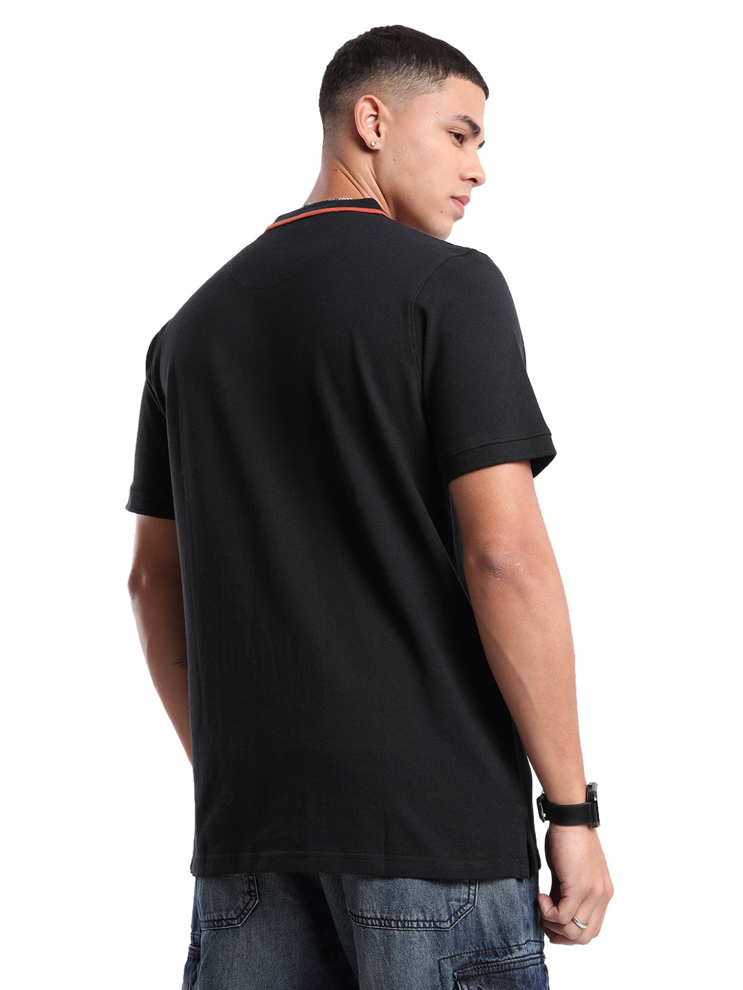 Solid Black  And Orange Tipping Polo T-Shirt