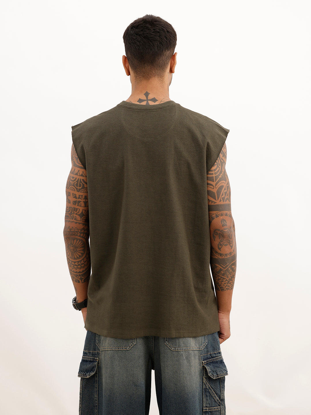 Oversized Cut Off Sleeve T-Shirt | Olive
