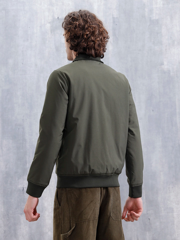 Solid Casual Slim Fit Bomber Jacket | Olive