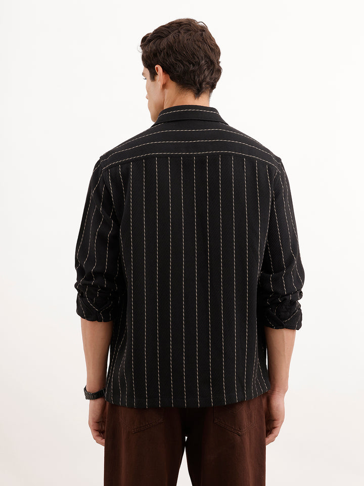 Comfort Fit Striped Textured Shirt  | Black