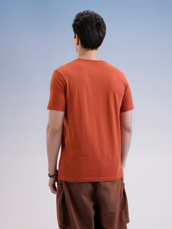 Slim Fit Placement Patch Printed T-Shirt  | Rust