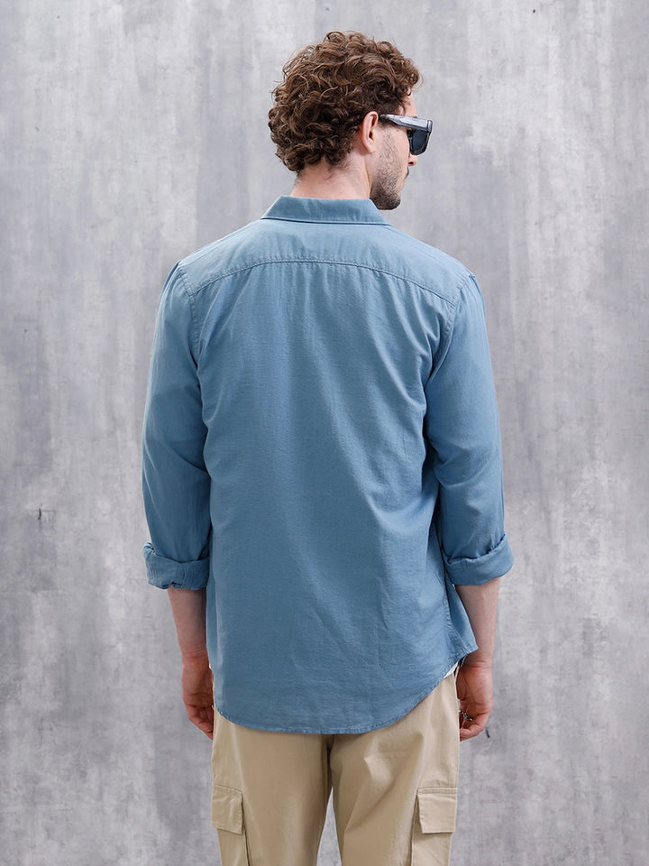 Solid Linen Blend Slim Fit Shirt | Blue