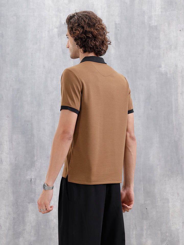 Men Slim Fit Polo Collar T-Shirt With Contrast Collar | Brown