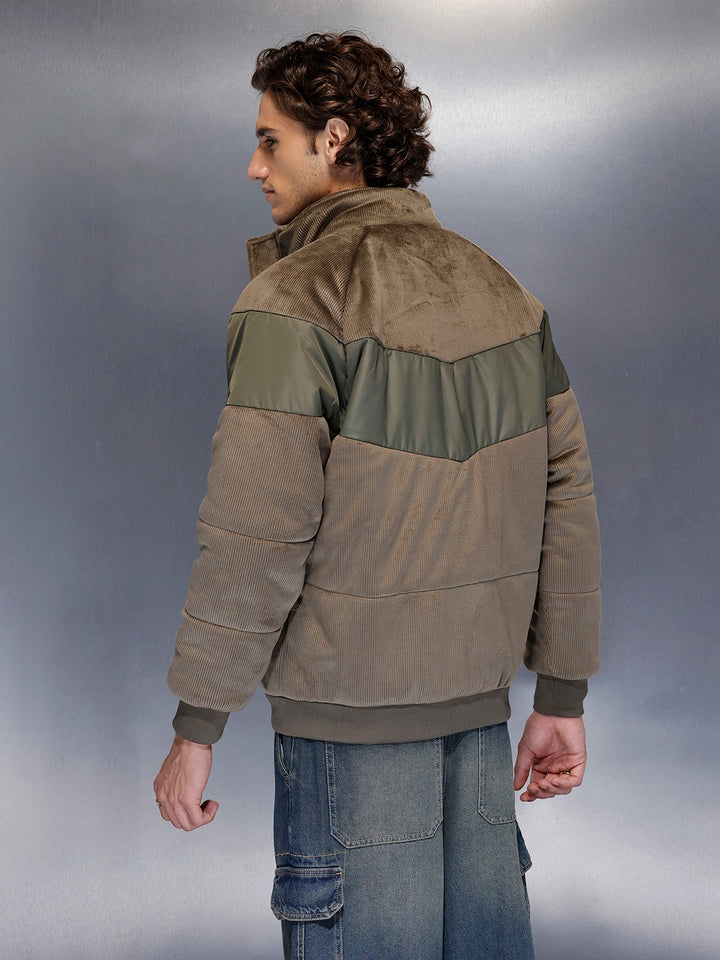 Men’s textured corduroy puffer with contrast panels | Dark olive