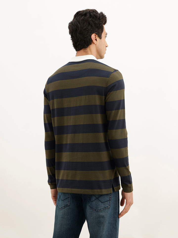 Classic Contrast Collar Full Sleeve Polo T-Shirt | Olive