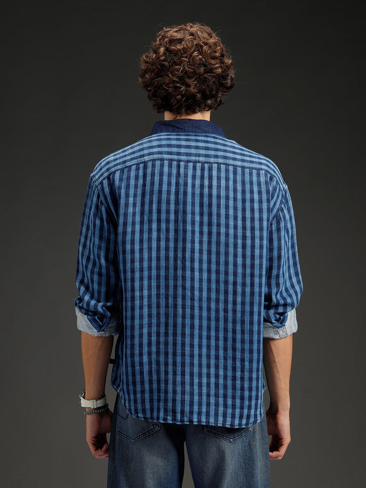 Men's casual oversized fit checkered pattern shirt | Navy Blue