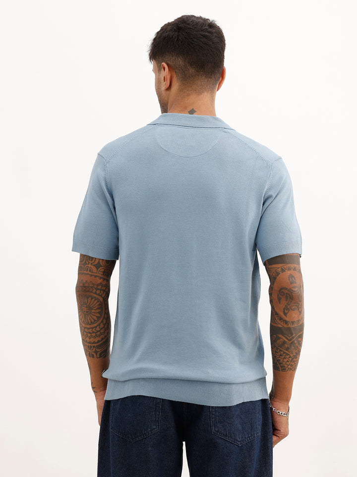 Solid Slim Fit Flatknit Polo T-Shirt | Blue