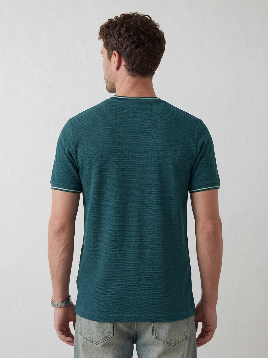 Men’s Retro Popcorn Textured Slim Fit T-Shirt | Dark Blue