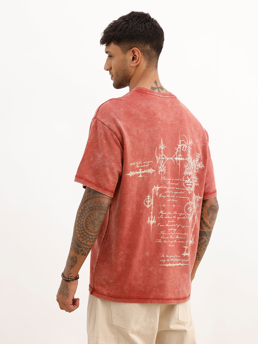 Oversized Washed Back Printed T-Shirt | Red