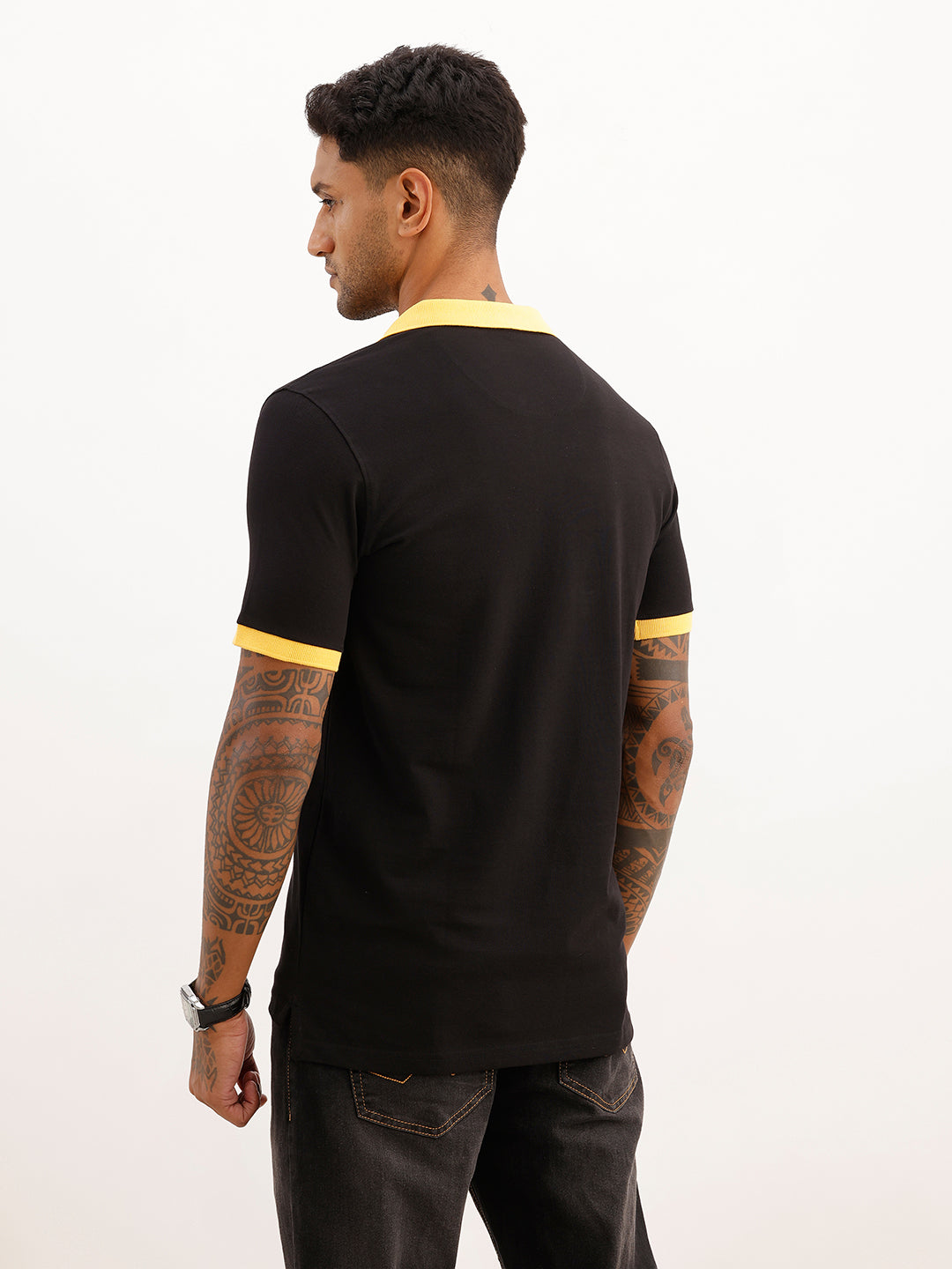 Slim Fit Contrast Collar Polo T-Shirt | Black