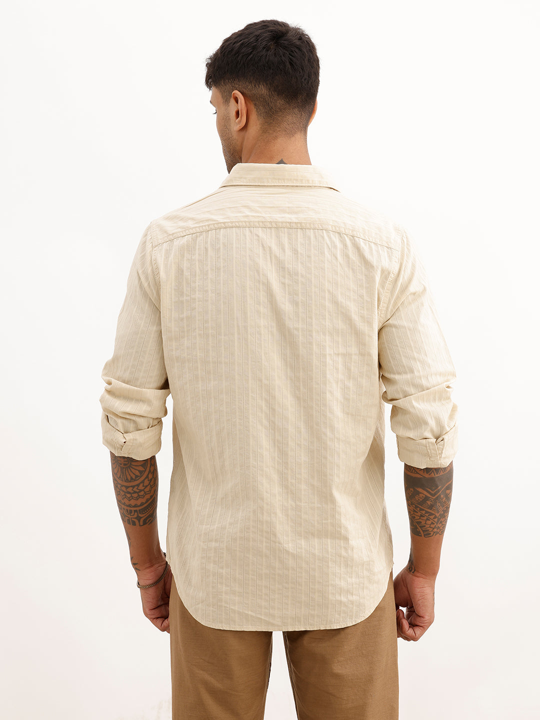Slim Fit Striped Full Sleeve Shirt | Beige