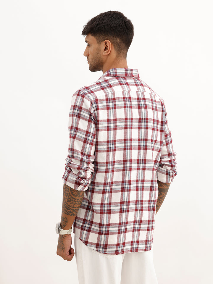 Slim Fit Embroidered Detail Checkered Shirt | Red