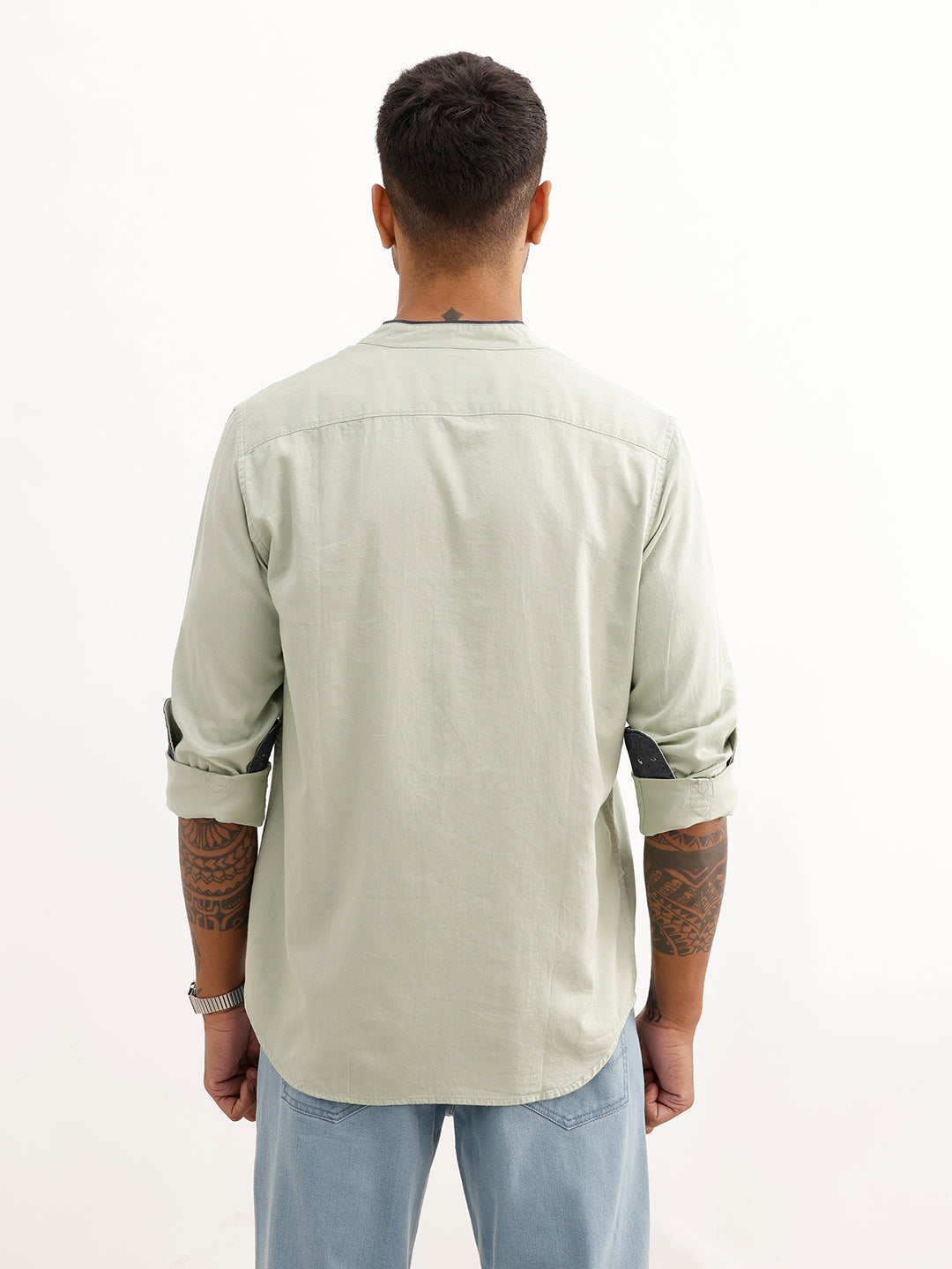 Solid Regular Fit Mandarin Collar Shirt | Light Green
