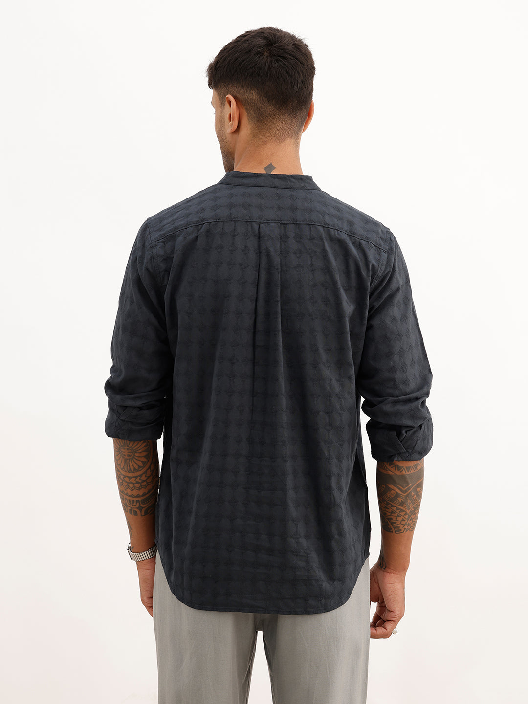 Textured Slim Fit Mandrin Collar Shirt | Navy Blue