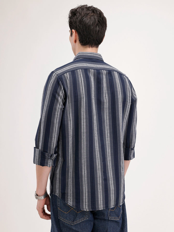 Slim Fit Textured Striped Shirt | Navy Blue