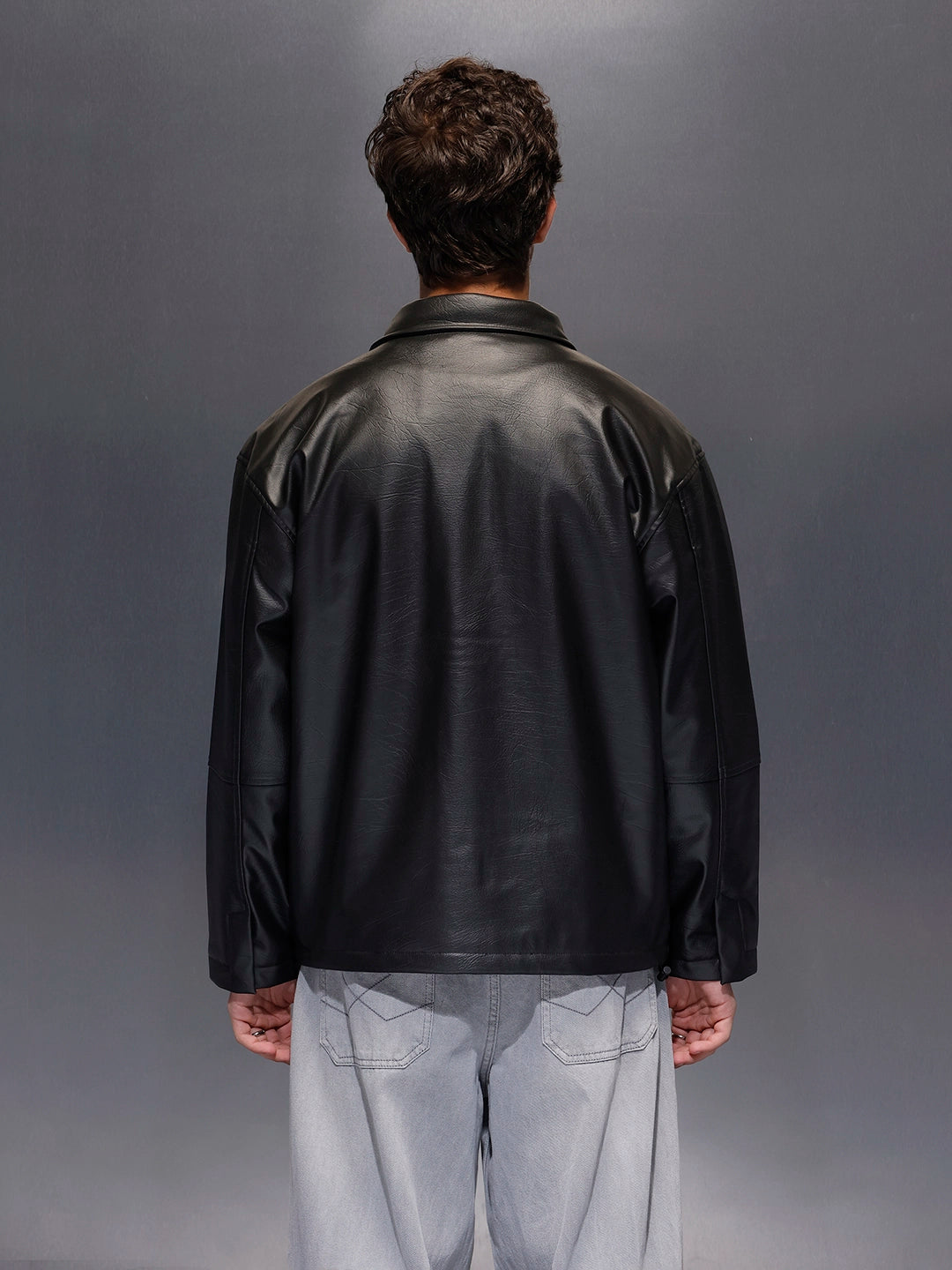 Men's Relaxed Fit Collared Fit PU Jacket  |  Black