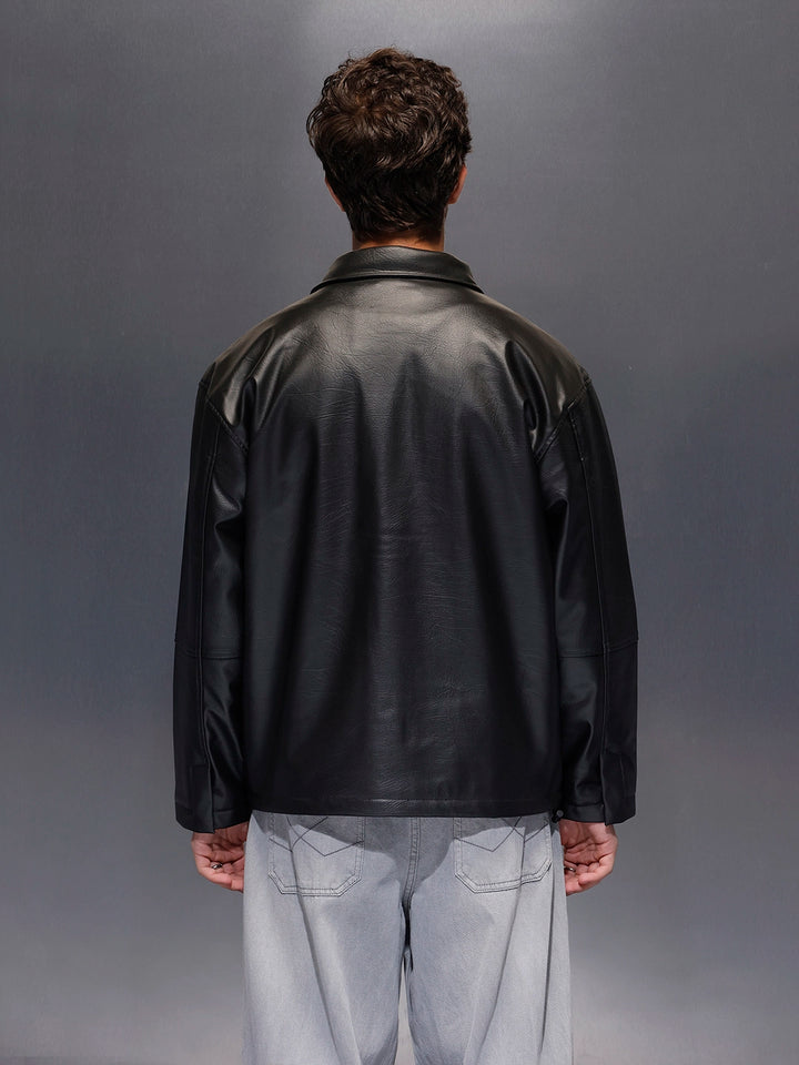 Men's Relaxed Fit Collared Fit PU Jacket  |  Black