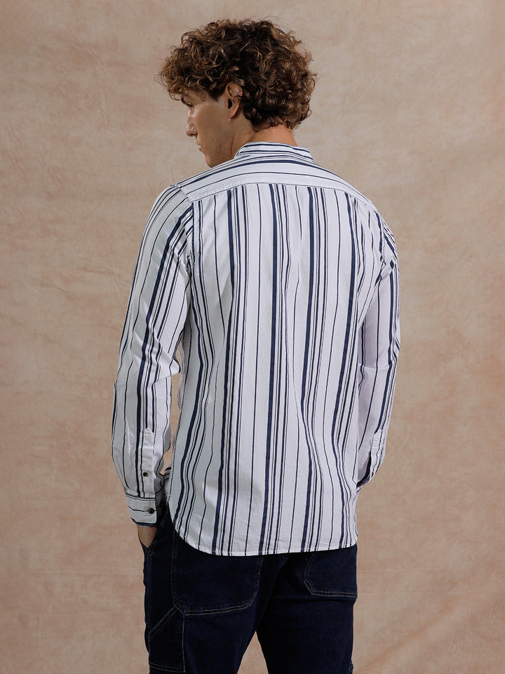 Striped Mandarin Collar Shirt | White