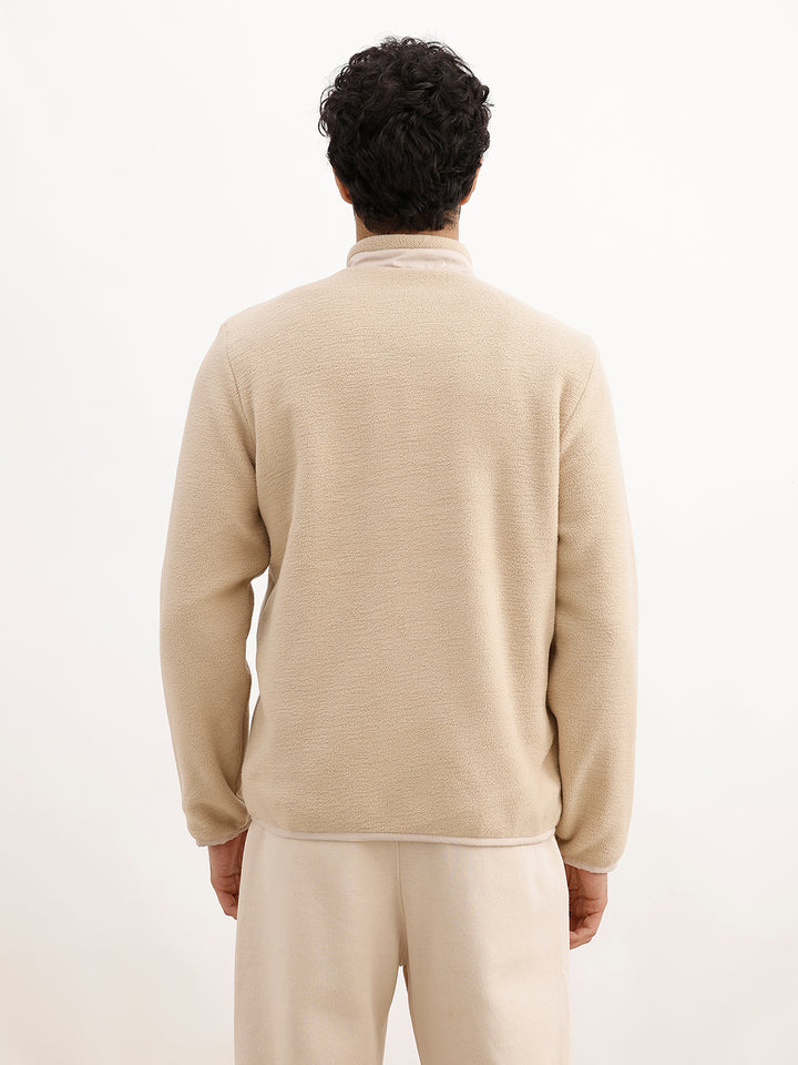 Solid Regular Fit Sherpa Jacket | Beige