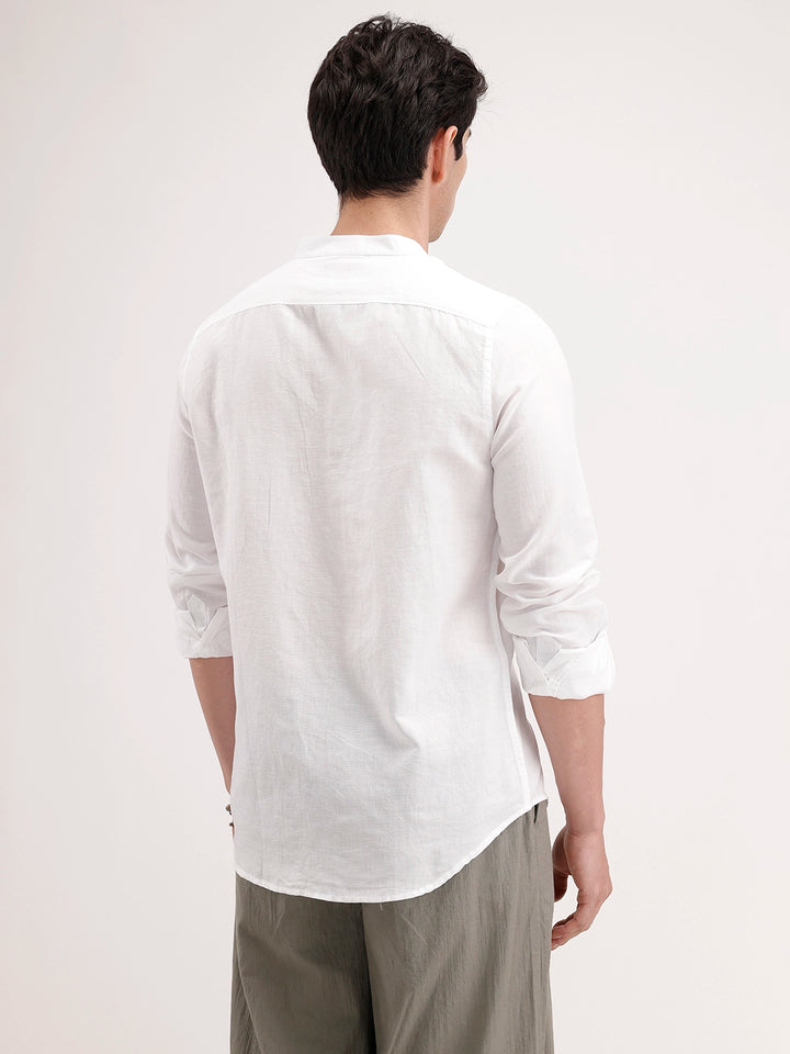 Slim Fit Mandrin Collar Linen Blend Shirt | White