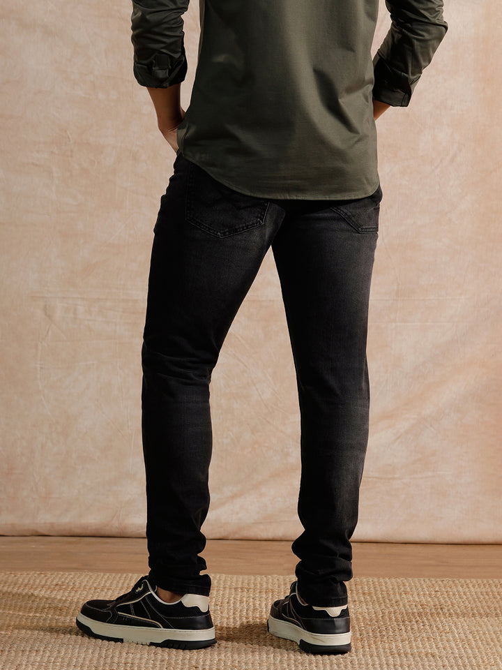 Solid Heavy Fade Slim Tapered Fit Jeans | Black