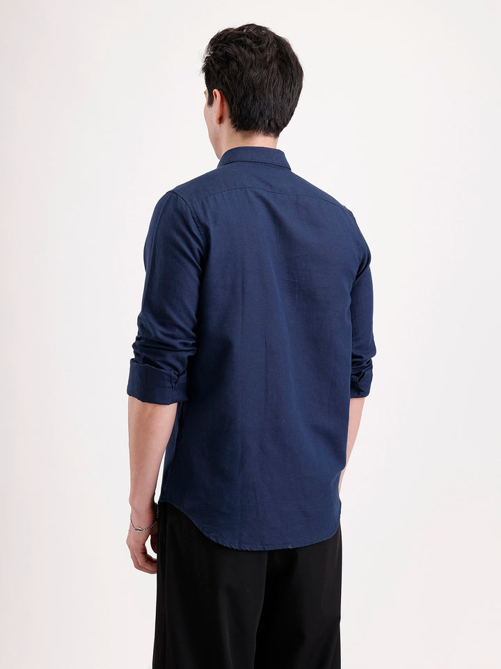 Solid Slim Fit Linen Blend Shirt  | Navy Blue