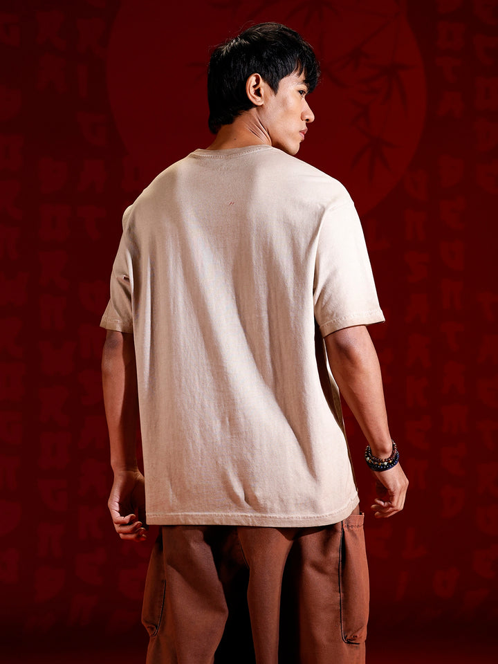 Casual oversized T-shirt with statement chest print & Embroidery | Brown