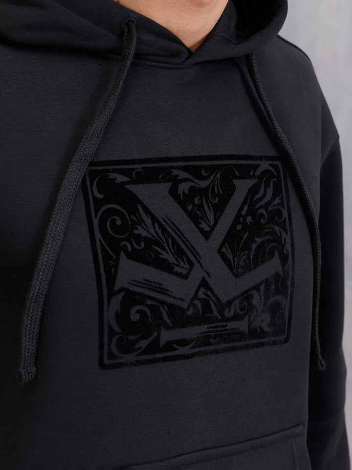 Adorned Logo In Velvet Flock Print On Oversized Hoodie Pullover | Black