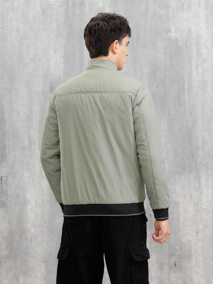 Mock Neck Full Zippered Regular Fit Jacket | Green