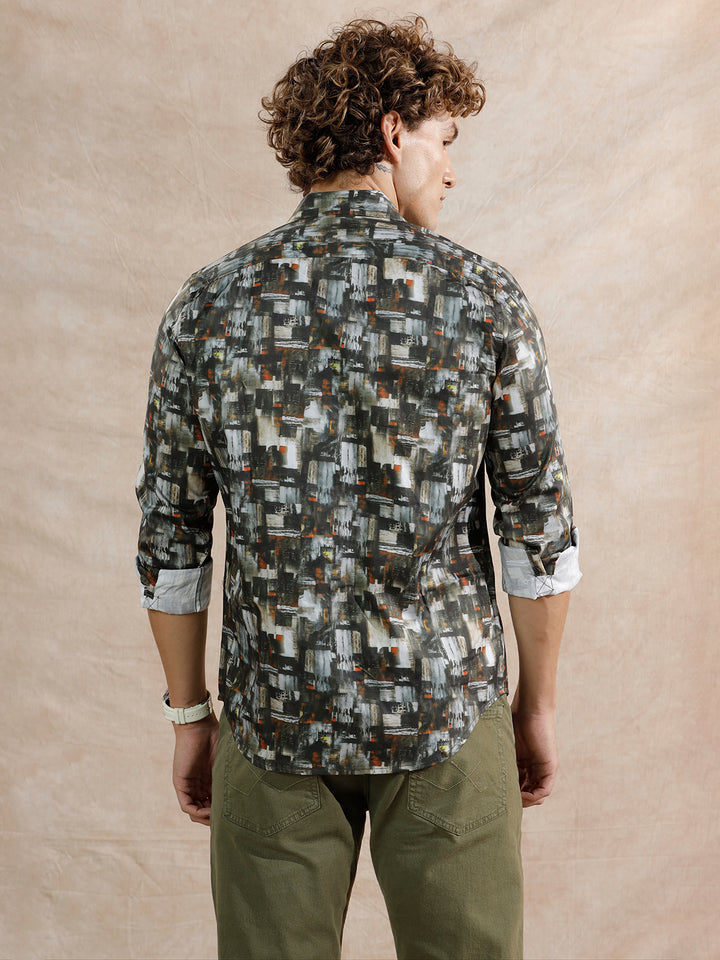 Flowy AOP Slim Fit Shirt | Dark Olive