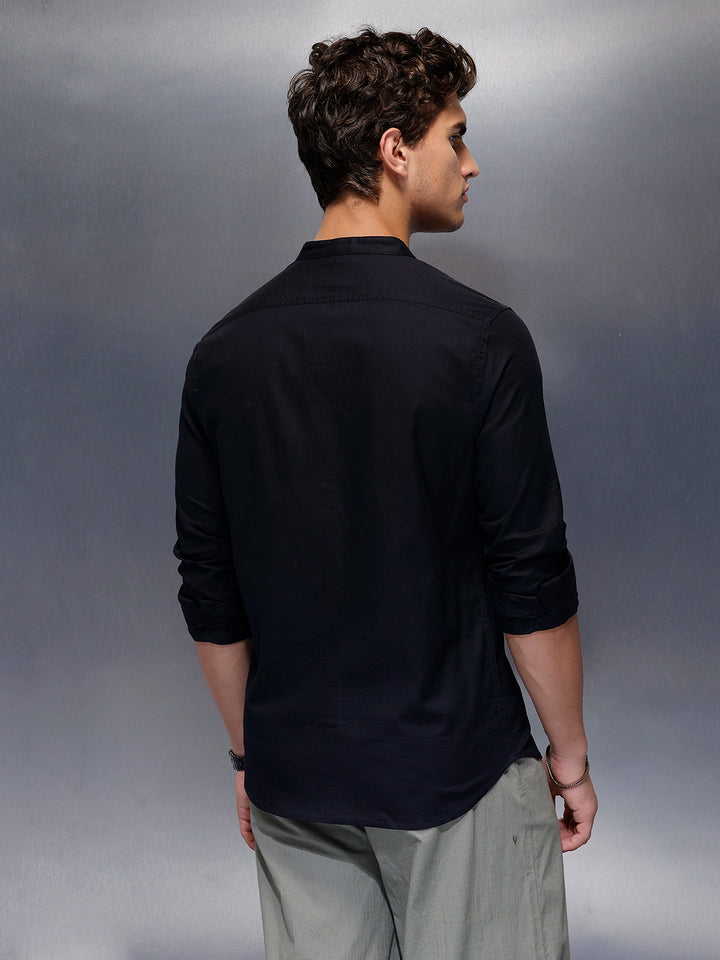 Men's Casual Mandrin Collar Shirt   |  Navy Blue