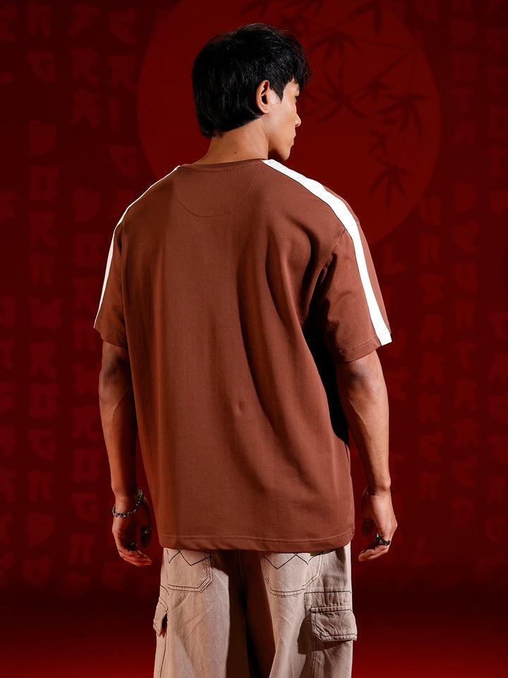 Oversize chest print T-shirt with contrast shoulder and Stitch detail | Brown