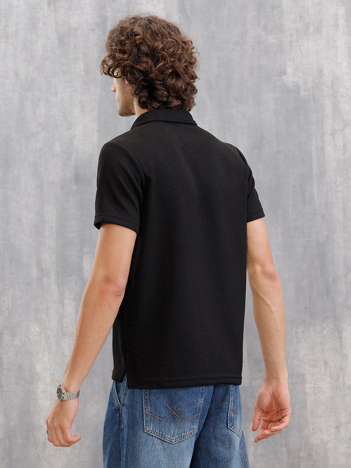 Jacquard Textured Knit Polo In Slim Fit  |  Black