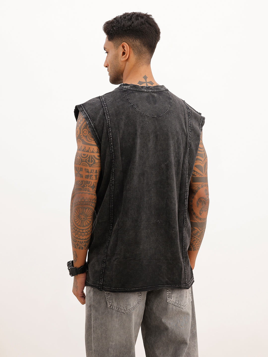 Washed Cut Off Sleeves T-Shirt | Black