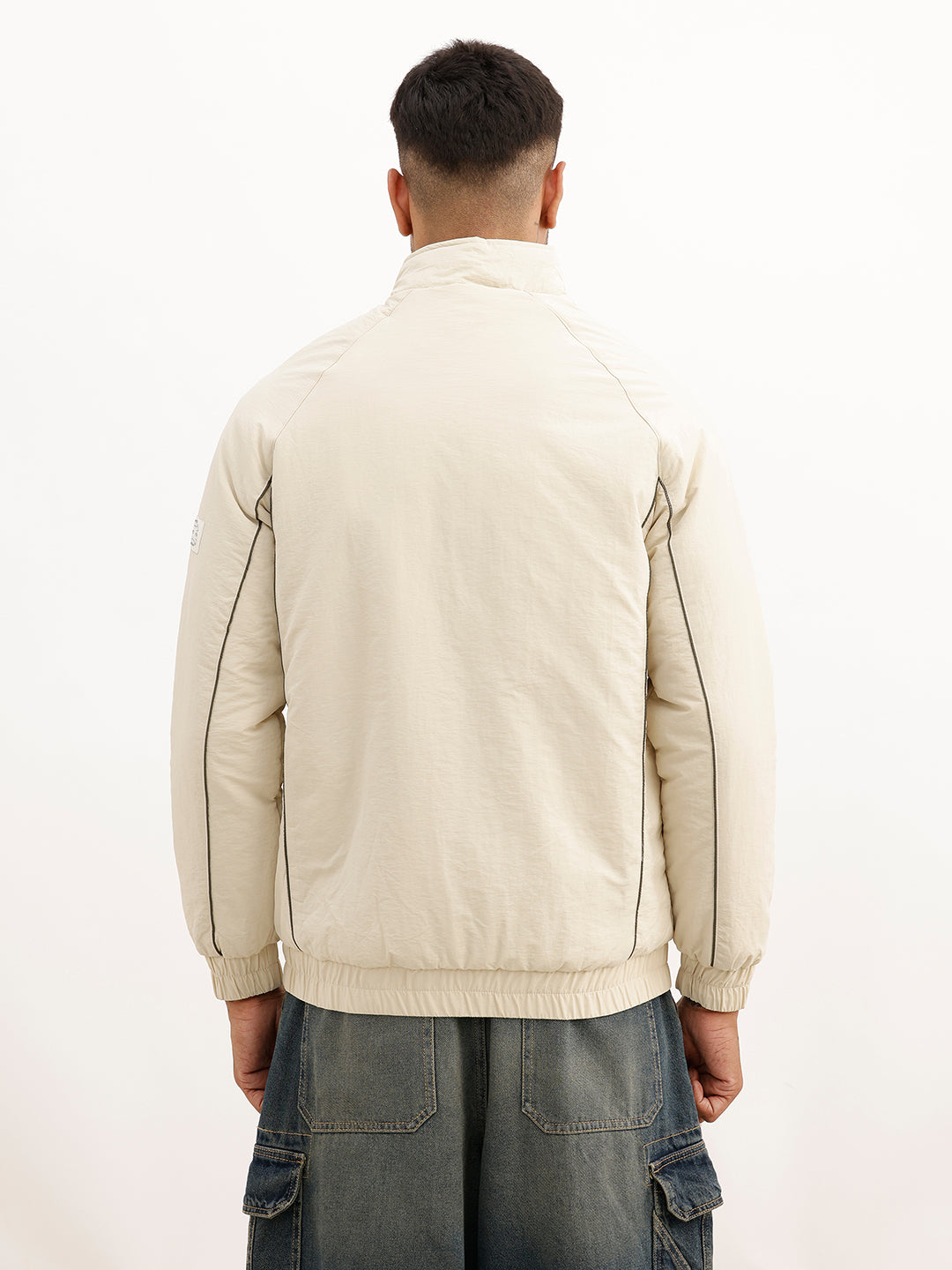 Solid Regular Fit Zipper Puffer Jacket | Beige