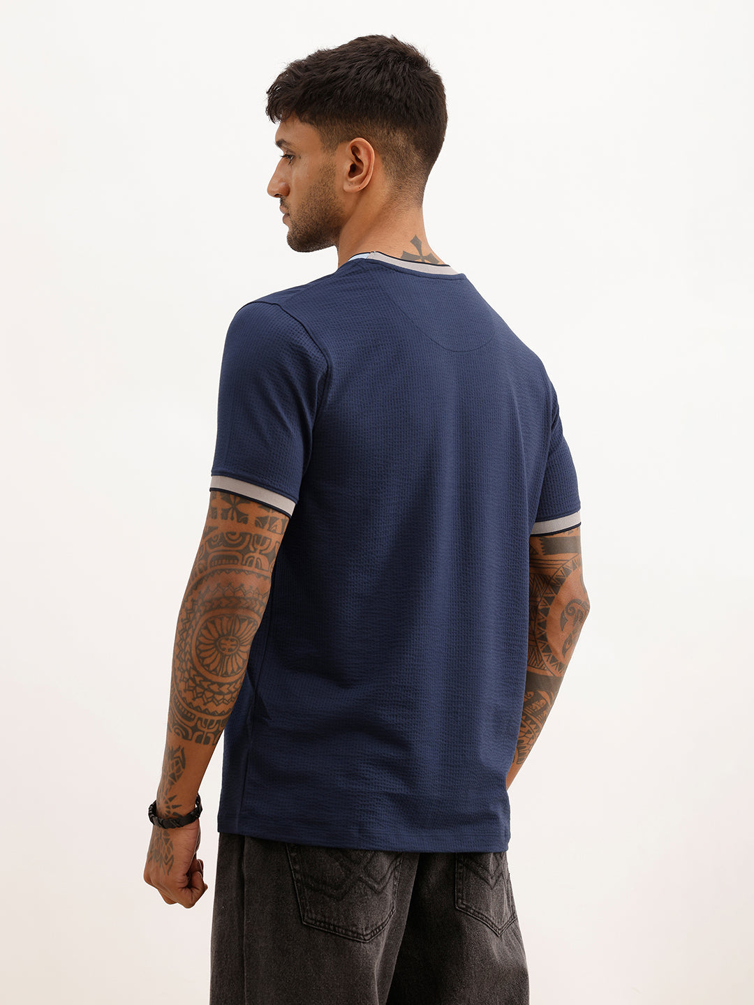 Textured Slim Fit Contrast Collar T-Shirt | Navy Blue | WTS02HSSL1222S
