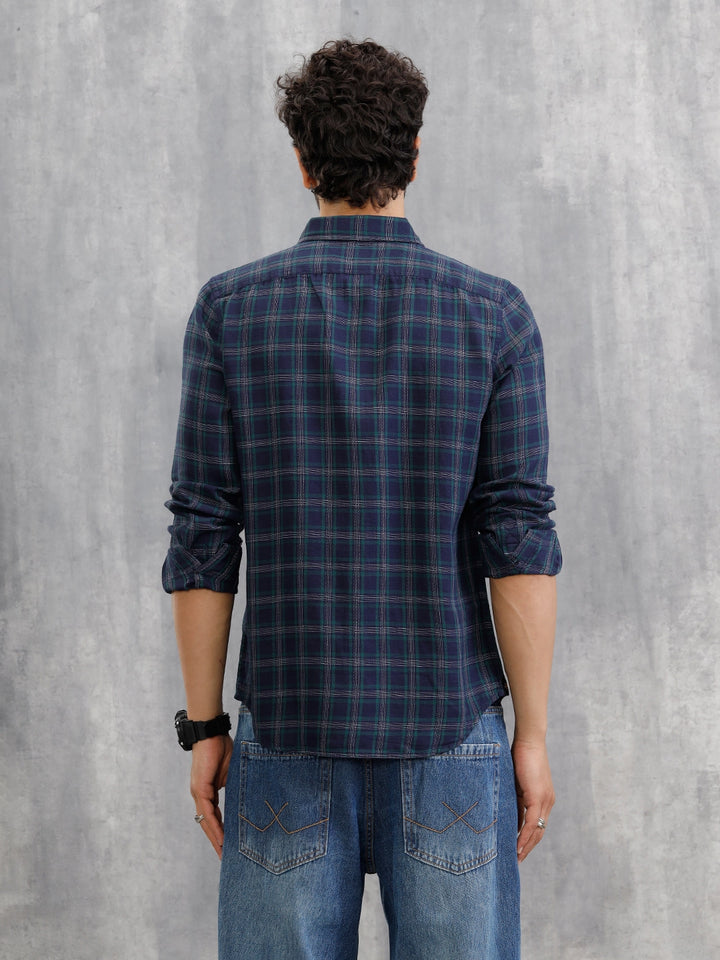 Textured Checkered Cotton Shirt  | Navy Blue