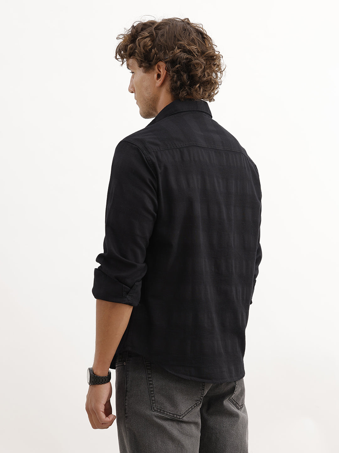 Solid Comfort Fit Textured Full Sleeve Shirt | Black